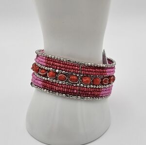 Chico’s Pink & Red Beaded Cuff Bracelet NWT Boho Statement Jewelry 1 1/8" Wide